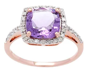 10k Rose Gold Cushion Amethyst and Diamond Halo Ring