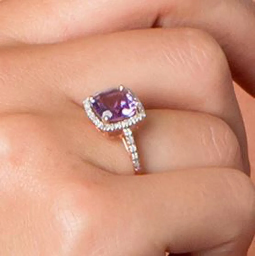 10k Rose Gold Cushion Amethyst and Diamond Halo Ring