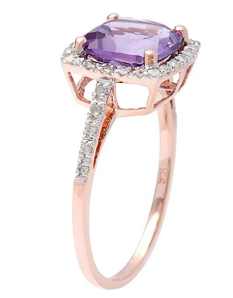 10k Rose Gold Cushion Amethyst and Diamond Halo Ring