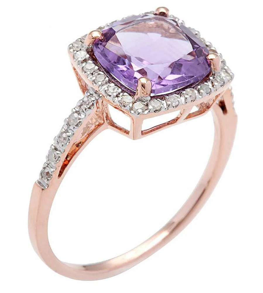 10k Rose Gold Cushion Amethyst and Diamond Halo Ring