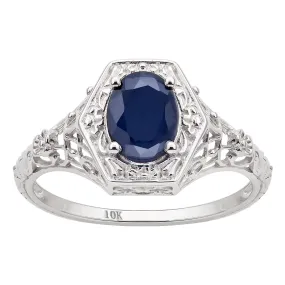 10k  White Gold Vintage Style Genuine Oval Sapphire Filigree Ring