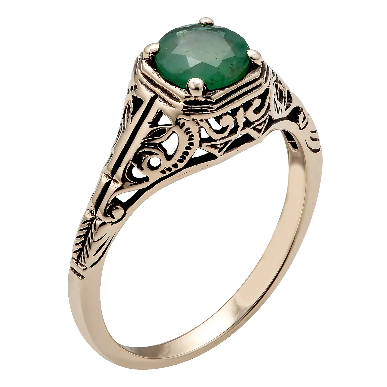 10k  Yellow Gold Vintage Style Genuine Round Emerald Filigree Ring