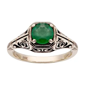 10k  Yellow Gold Vintage Style Genuine Round Emerald Filigree Ring