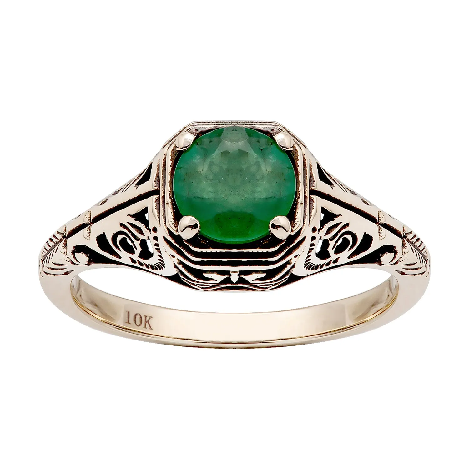 10k  Yellow Gold Vintage Style Genuine Round Emerald Filigree Ring