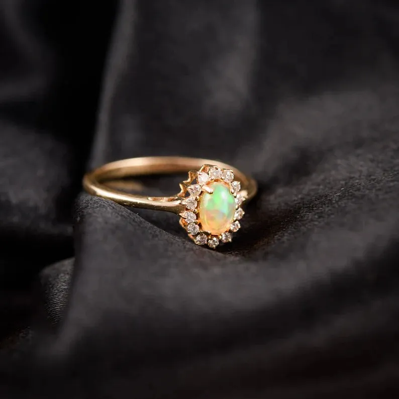 14k Gold Vermeil Fire Opal Halo Ring - Opal Statement Rings