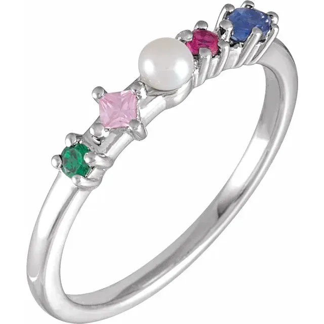 14K White Gold Cultured Freshwater Pearl & Natural Multi-Gemstone Ring