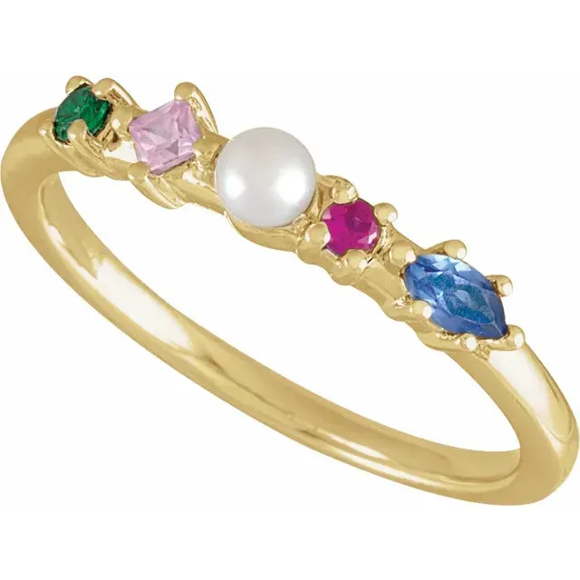 14K Yellow Gold Cultured Freshwater Pearl & Natural Multi-Gemstone Ring