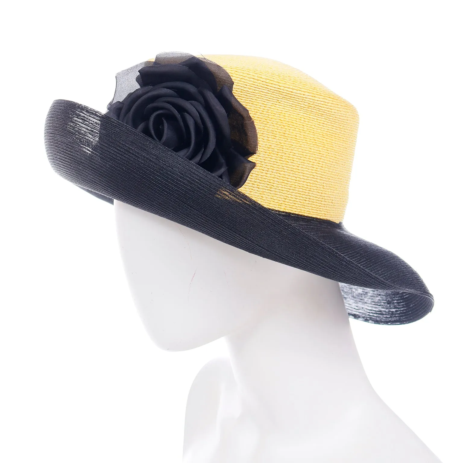 1990s Patricia Underwood Yellow And Black Net Hat With Flower