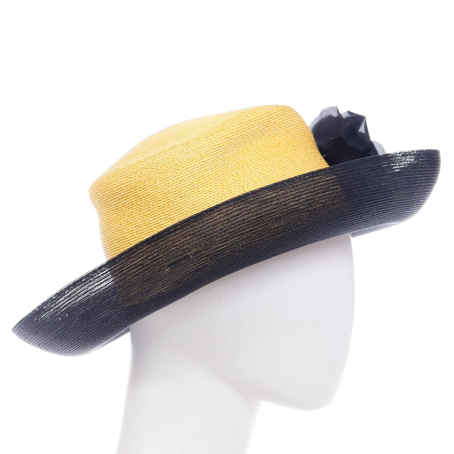 1990s Patricia Underwood Yellow And Black Net Hat With Flower