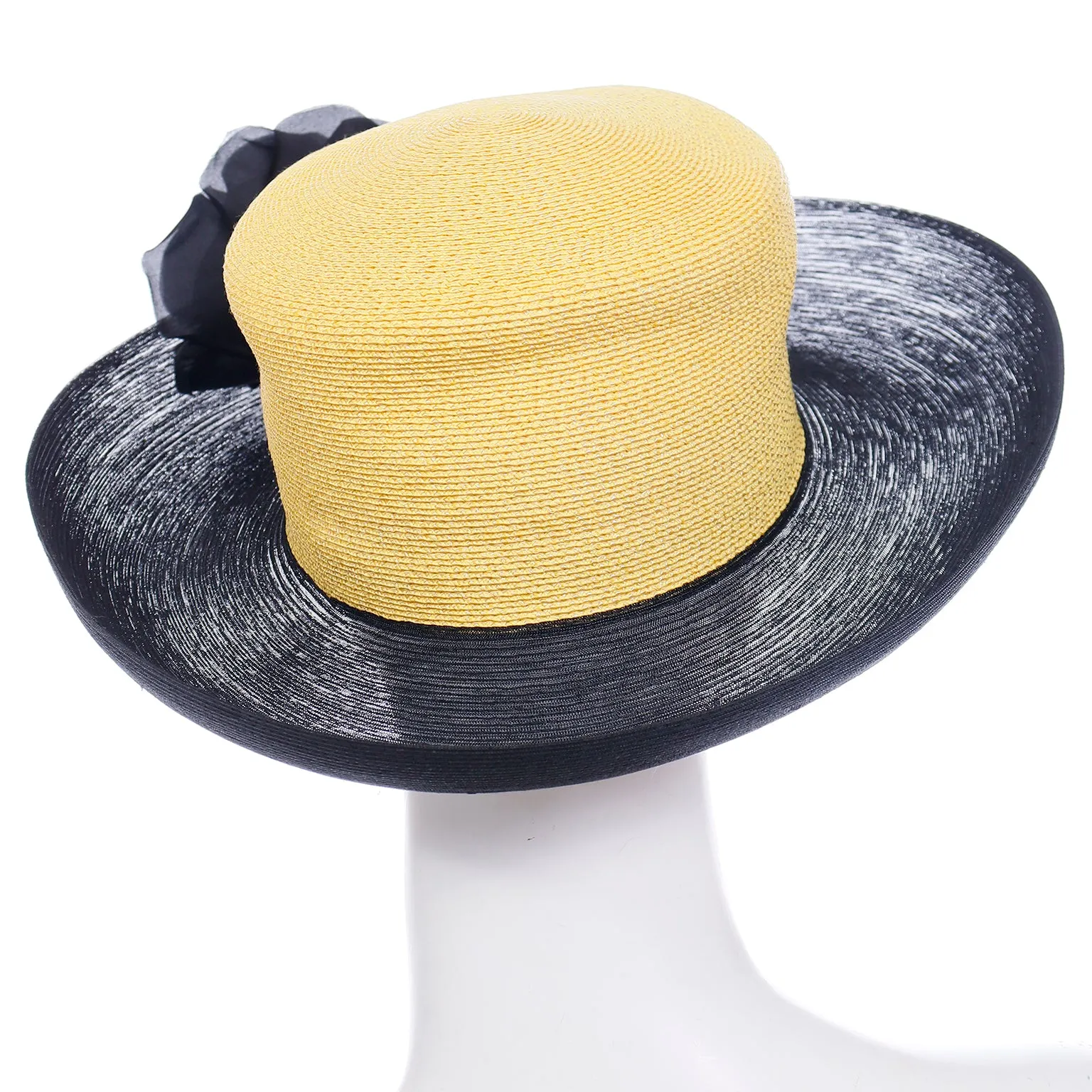 1990s Patricia Underwood Yellow And Black Net Hat With Flower