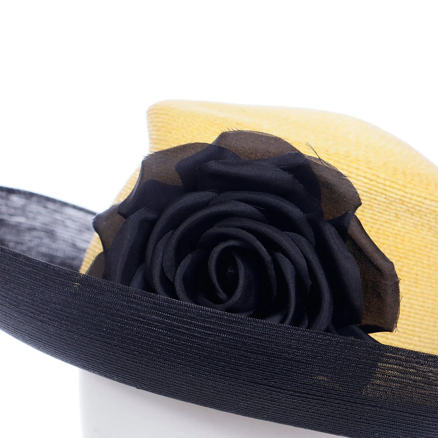 1990s Patricia Underwood Yellow And Black Net Hat With Flower