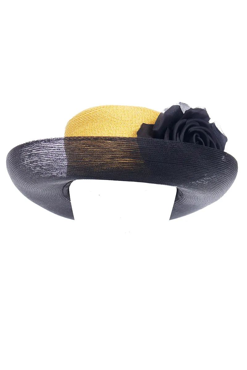 1990s Patricia Underwood Yellow And Black Net Hat With Flower