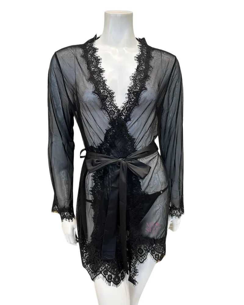 94-11136X Black Whip Eyelash Sheer Lace Robe with G-String