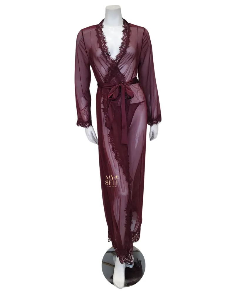 95-11136 Zinfandel Eyelash Sheer Lace Robe with Satin Sash