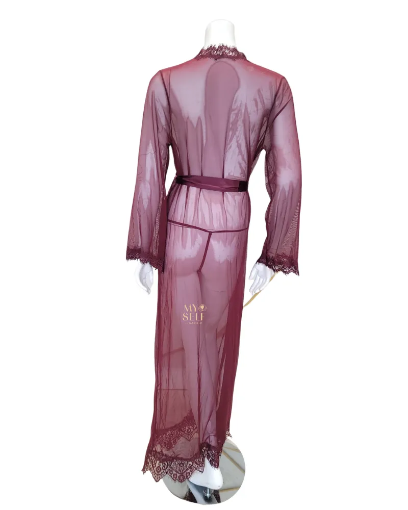 95-11136 Zinfandel Eyelash Sheer Lace Robe with Satin Sash