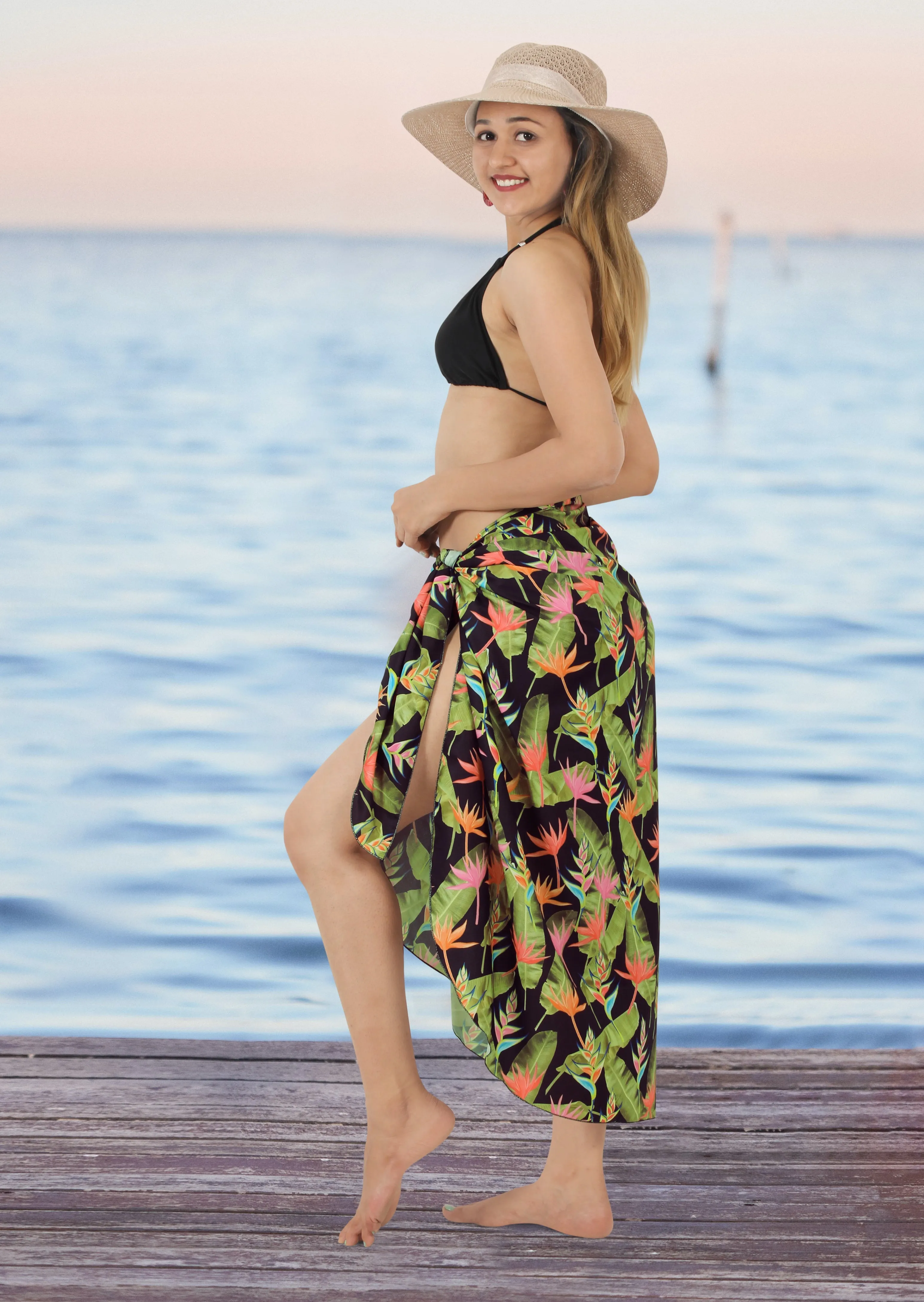 Black Allover Banana Leaves and Floral Print Beach Wrap