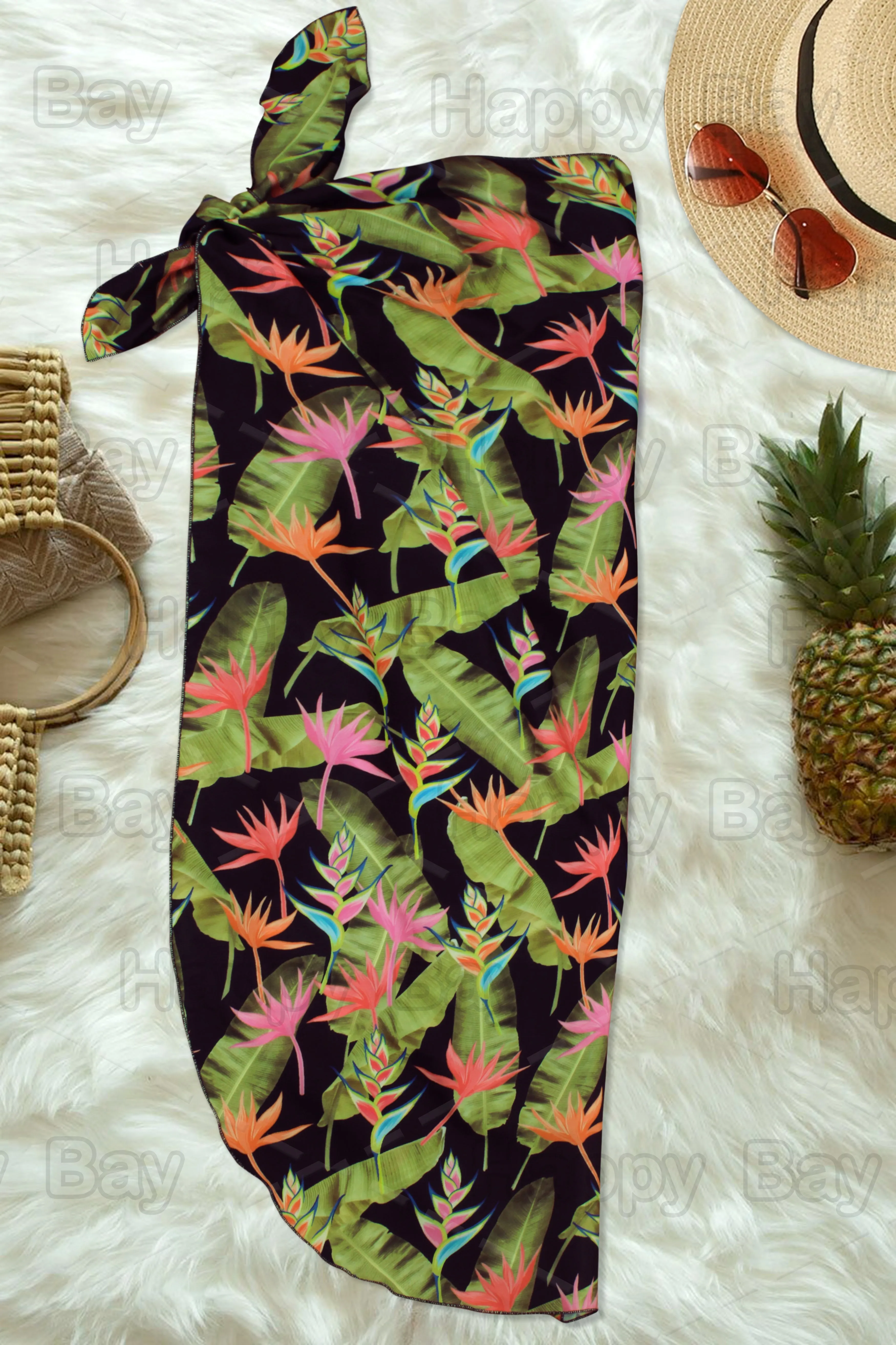 Black Allover Banana Leaves and Floral Print Beach Wrap