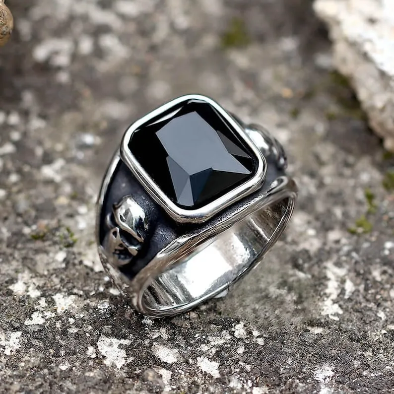 Black Onyx Cushion Cut Gothic Rings - 925 Sterling Silver Rings