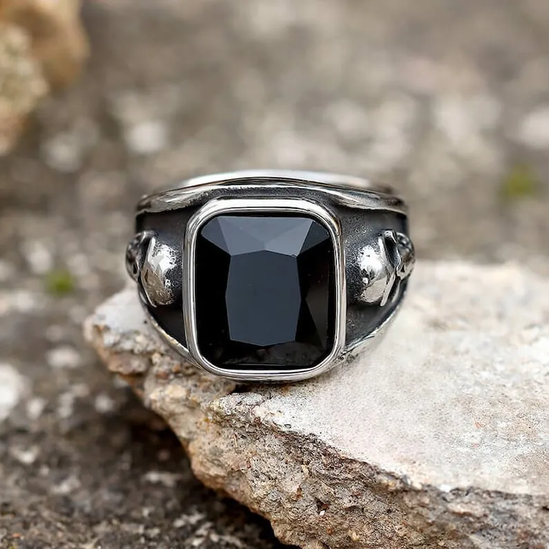 Black Onyx Cushion Cut Gothic Rings - 925 Sterling Silver Rings