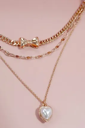 Bow and Pearl Heart Layered Necklace