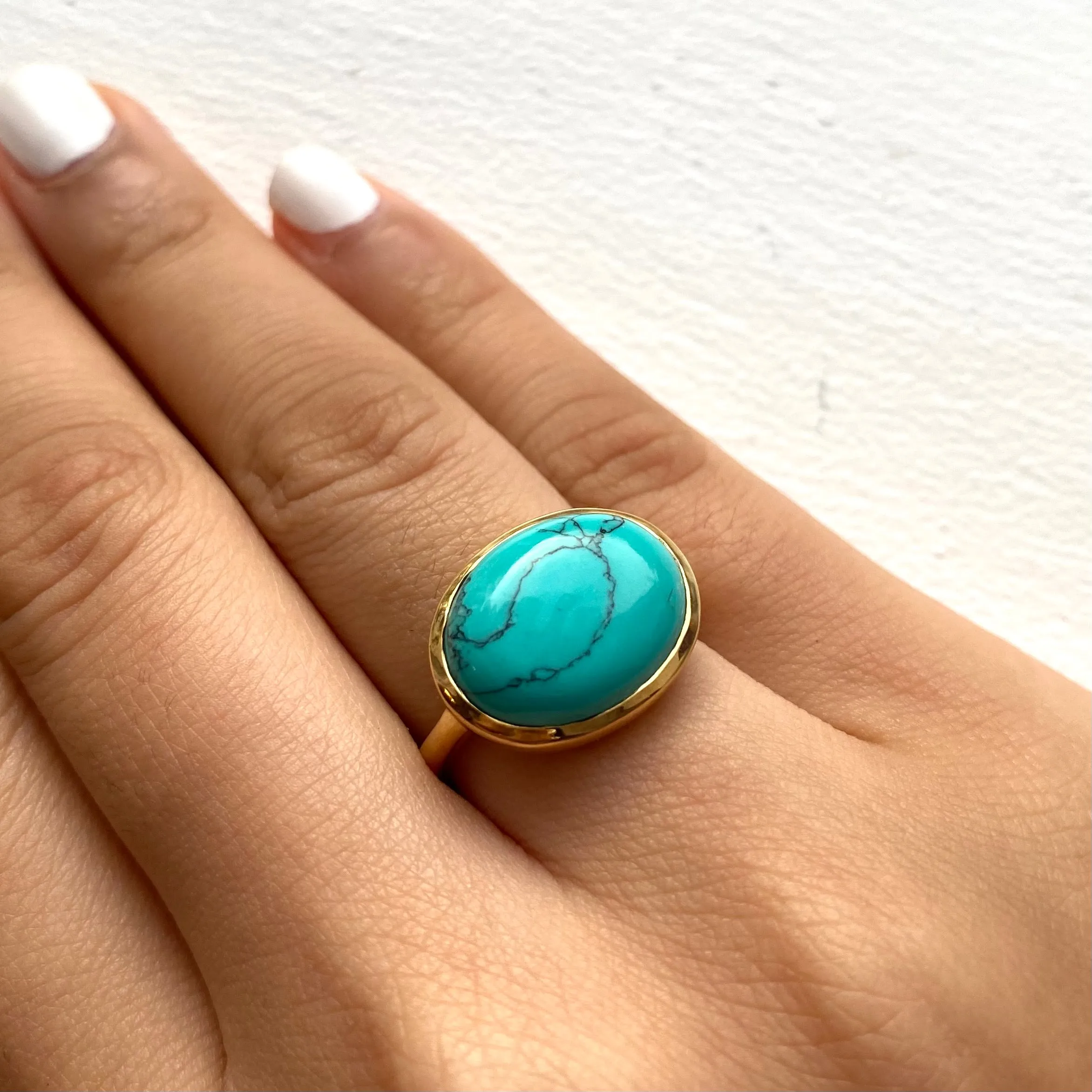 Cabochon Oval Cut Natural Gemstone Gold Plated Sterling Silver Ring - Turquoise