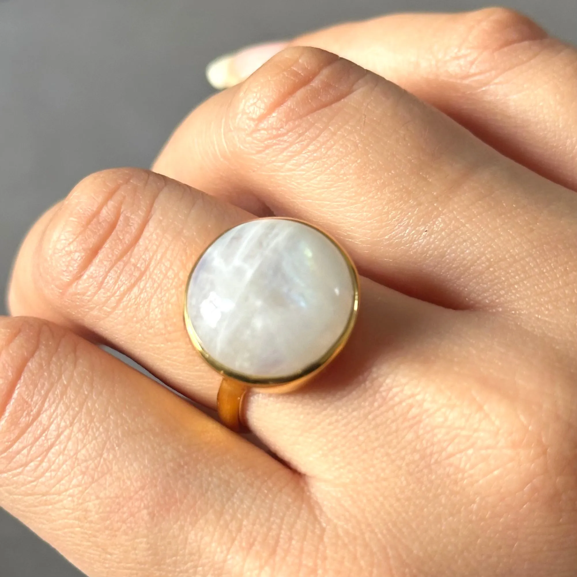 Cabochon Round Cut Natural Gemstone Gold Plated Sterling Silver Ring - Moonstone