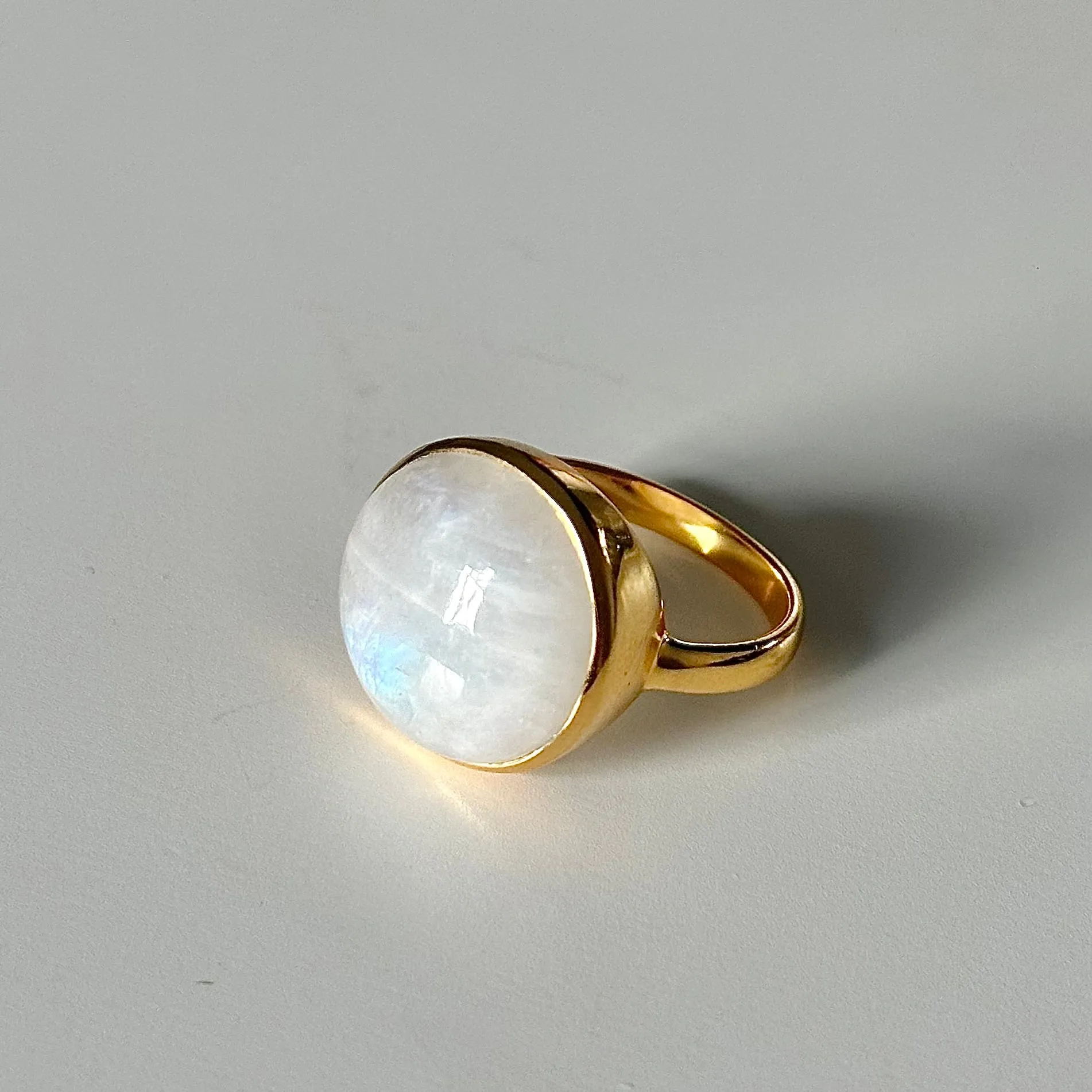 Cabochon Round Cut Natural Gemstone Gold Plated Sterling Silver Ring - Moonstone