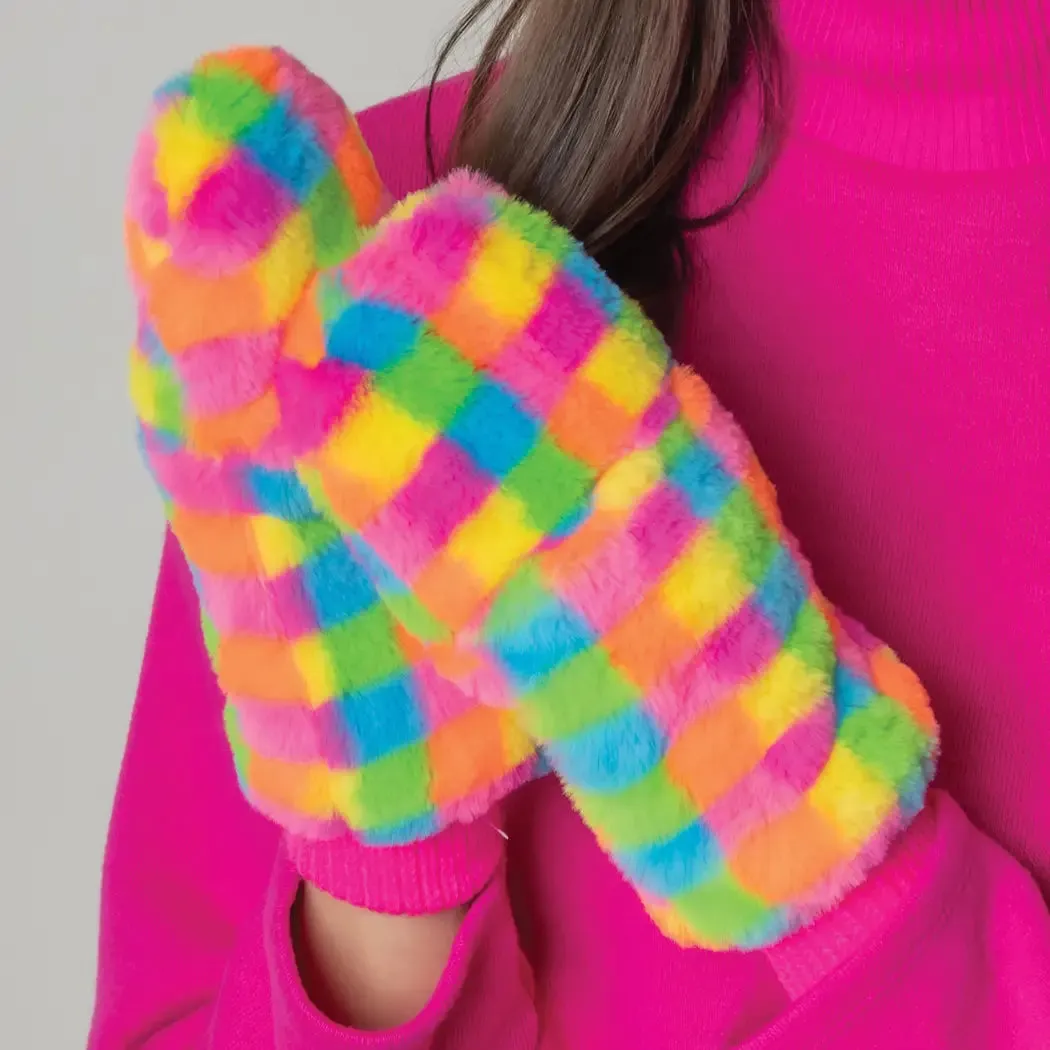 Checkered Faux Fur Convertible Mittens