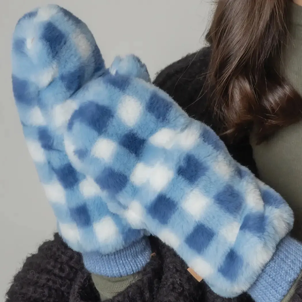 Checkered Faux Fur Convertible Mittens