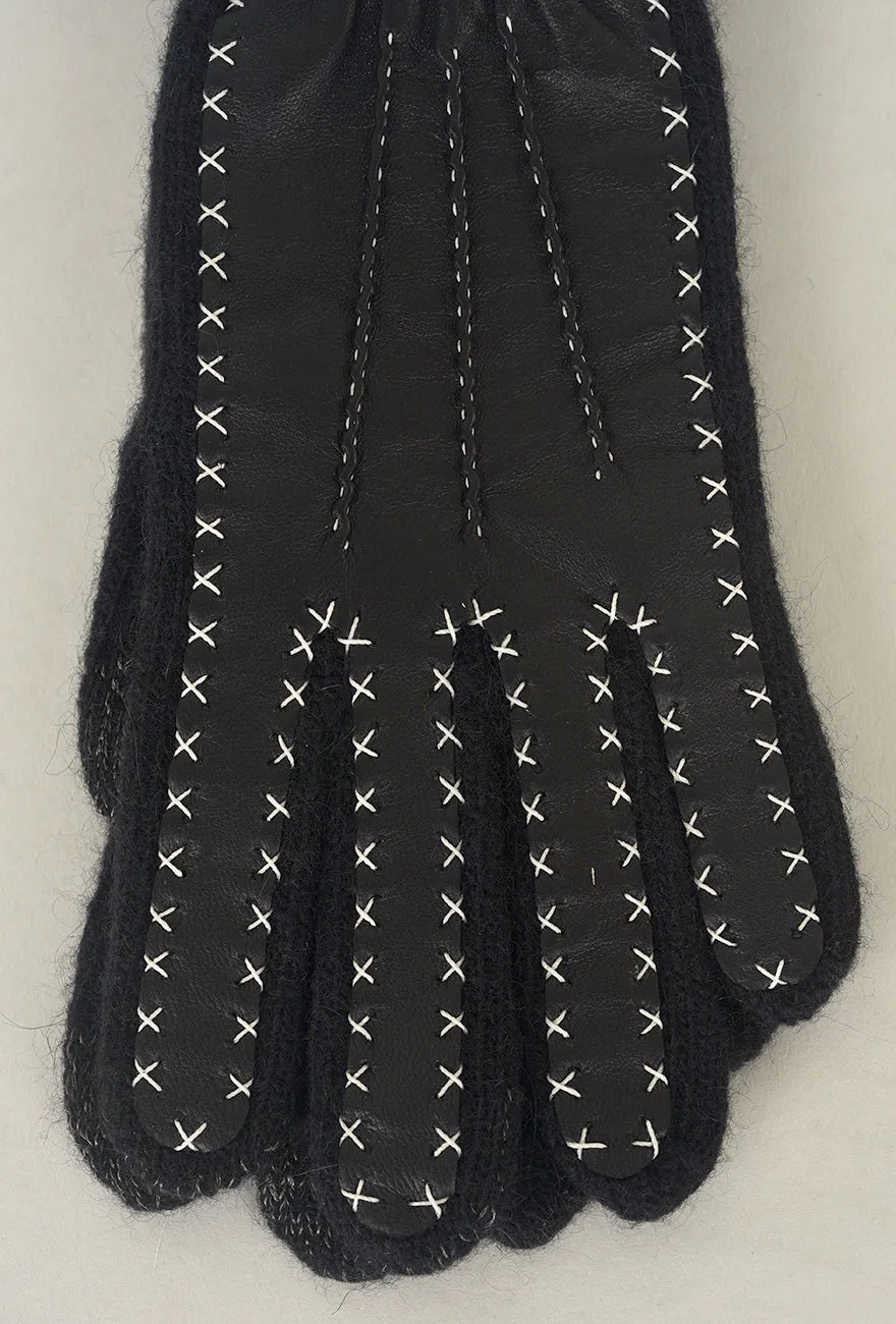 Contrast Stitch Leather/Wool Glove, Black