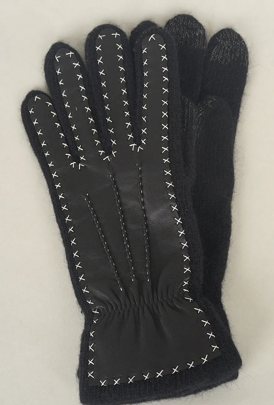 Contrast Stitch Leather/Wool Glove, Black