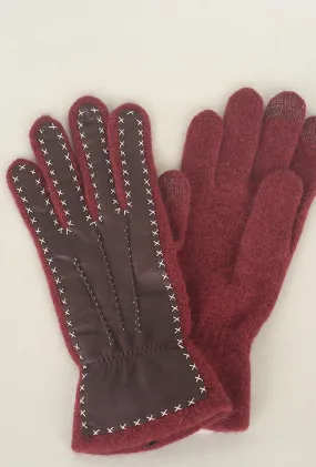 Contrast Stitch Leather/Wool Gloves, Burdeos