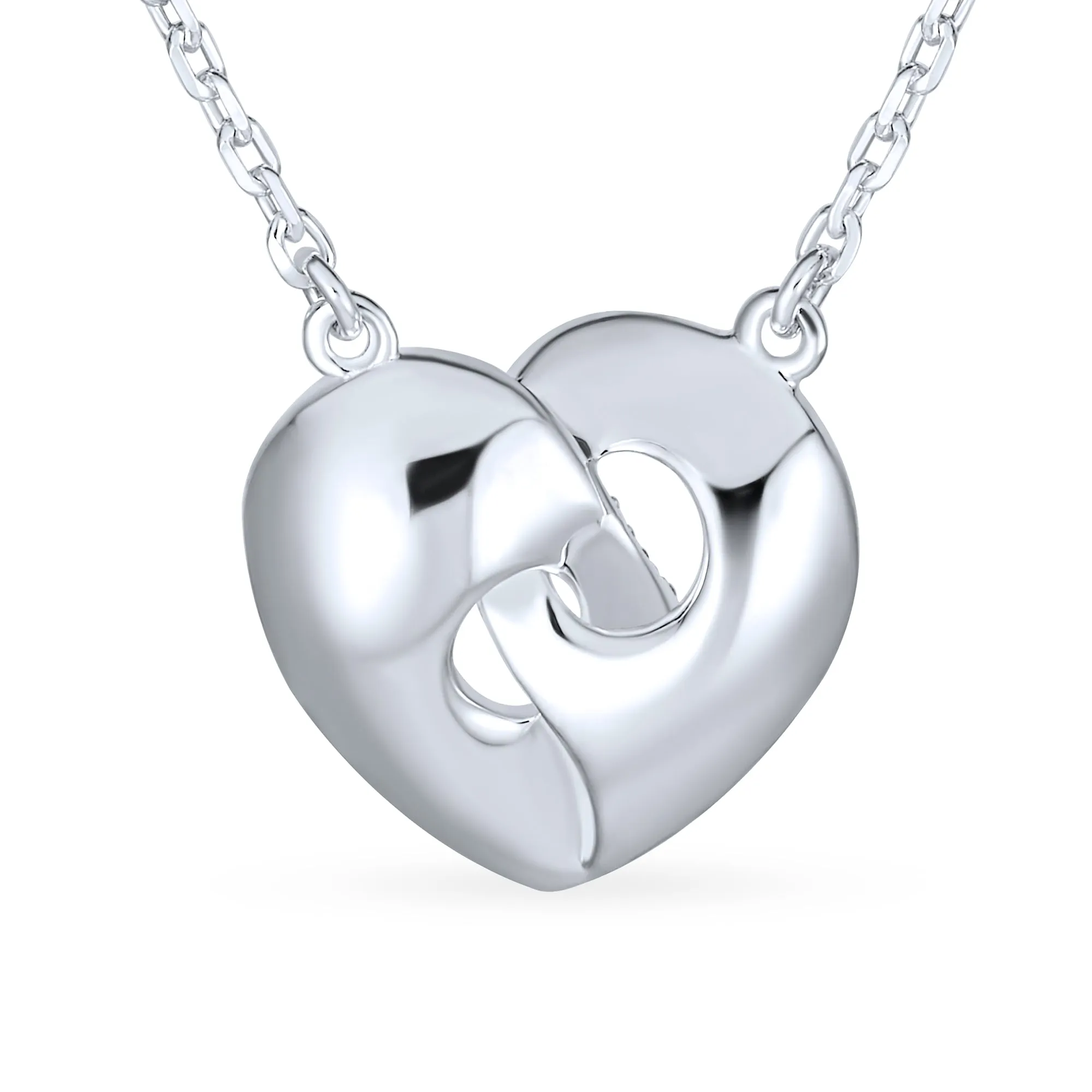 Crystal Accent 3D Interlocking Heart Pendant Necklace for Mom in Sterling Silver