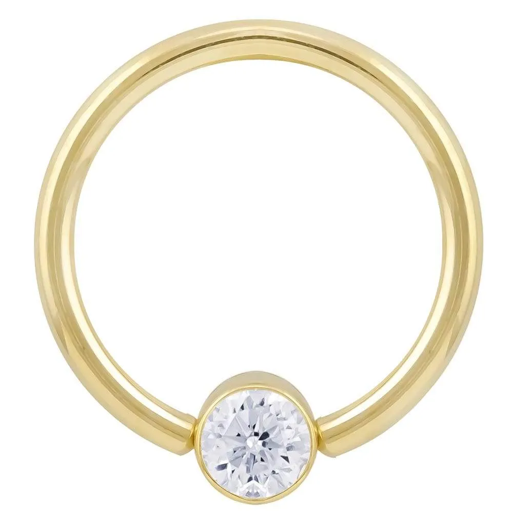 Cubic Zirconia Round Bezel 14k Gold Fixed Bead Ring