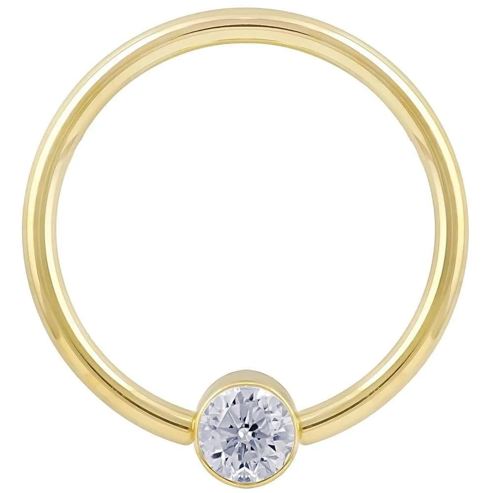 Cubic Zirconia Round Bezel 14k Gold Fixed Bead Ring