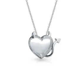 Devil Horns Heart Pendant Necklace in Polished Sterling Silver 16 Inches