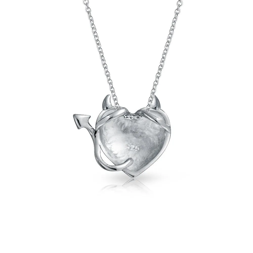 Devil Horns Heart Pendant Necklace in Polished Sterling Silver 16 Inches