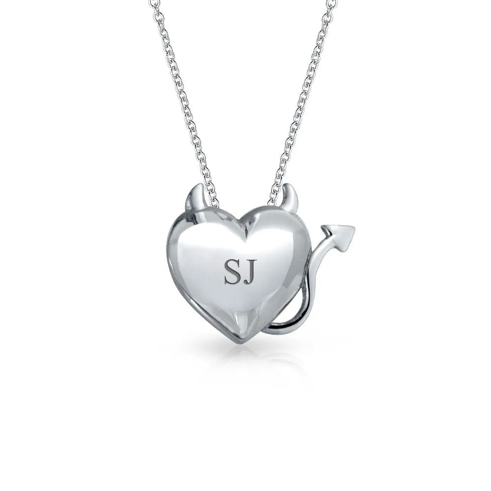 Devil Horns Heart Pendant Necklace in Polished Sterling Silver 16 Inches