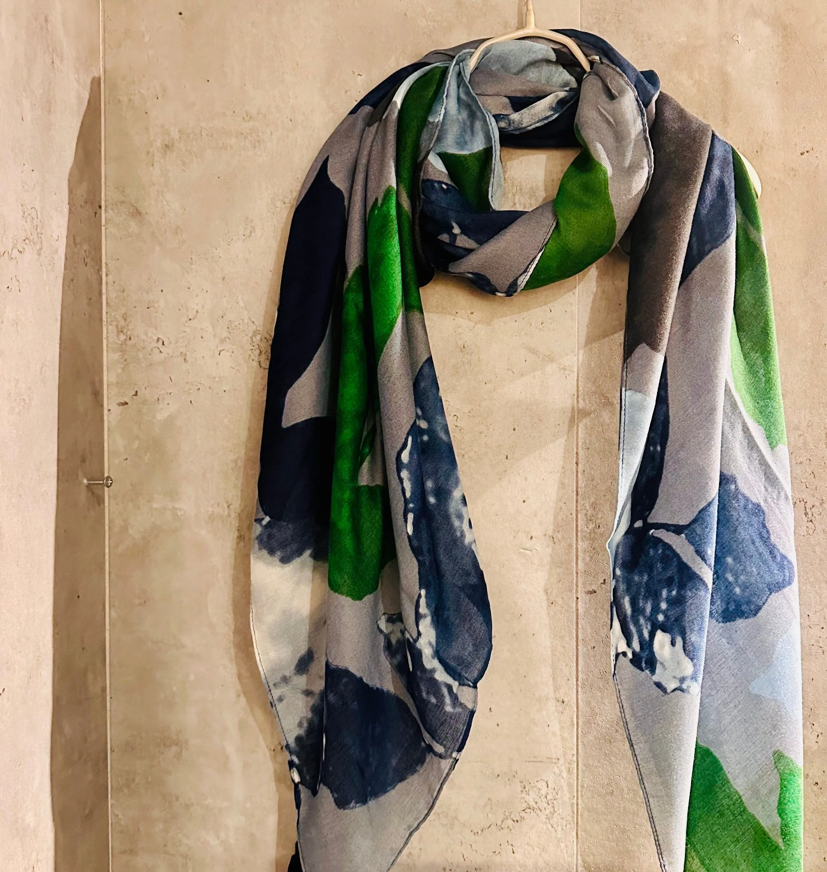 ECO Friendly Scarf Huge Flower Leafs Grey Green Blue Organic Cotton Scarf