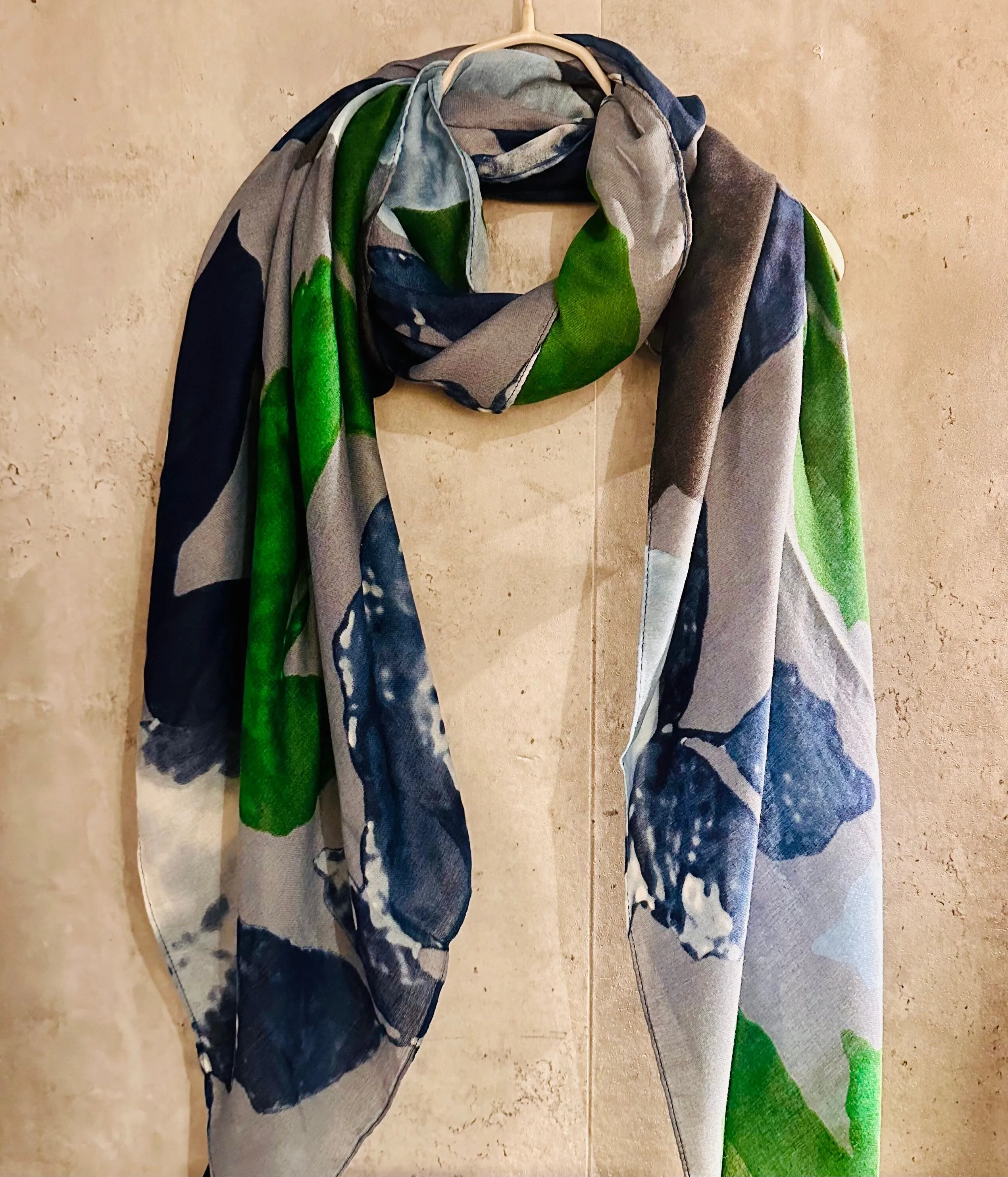 ECO Friendly Scarf Huge Flower Leafs Grey Green Blue Organic Cotton Scarf