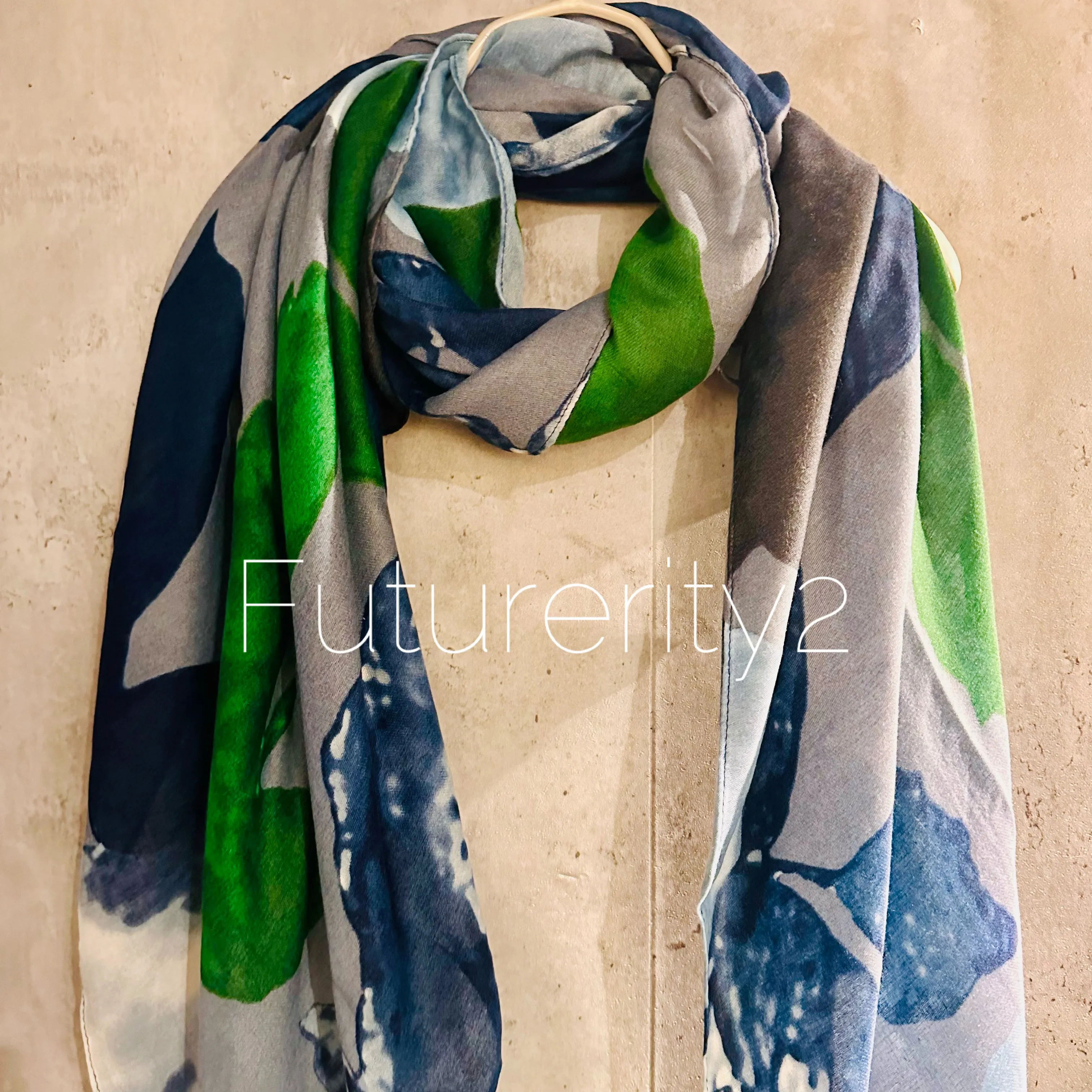 ECO Friendly Scarf Huge Flower Leafs Grey Green Blue Organic Cotton Scarf