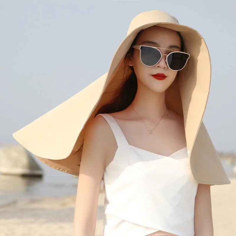 Fashion Summer Sun Hat Women Bucket Hat Anti-UV Shawl 2in1 Korea Dome Beach Cap Wide Brim Back Opening Cycling Fishing Hat