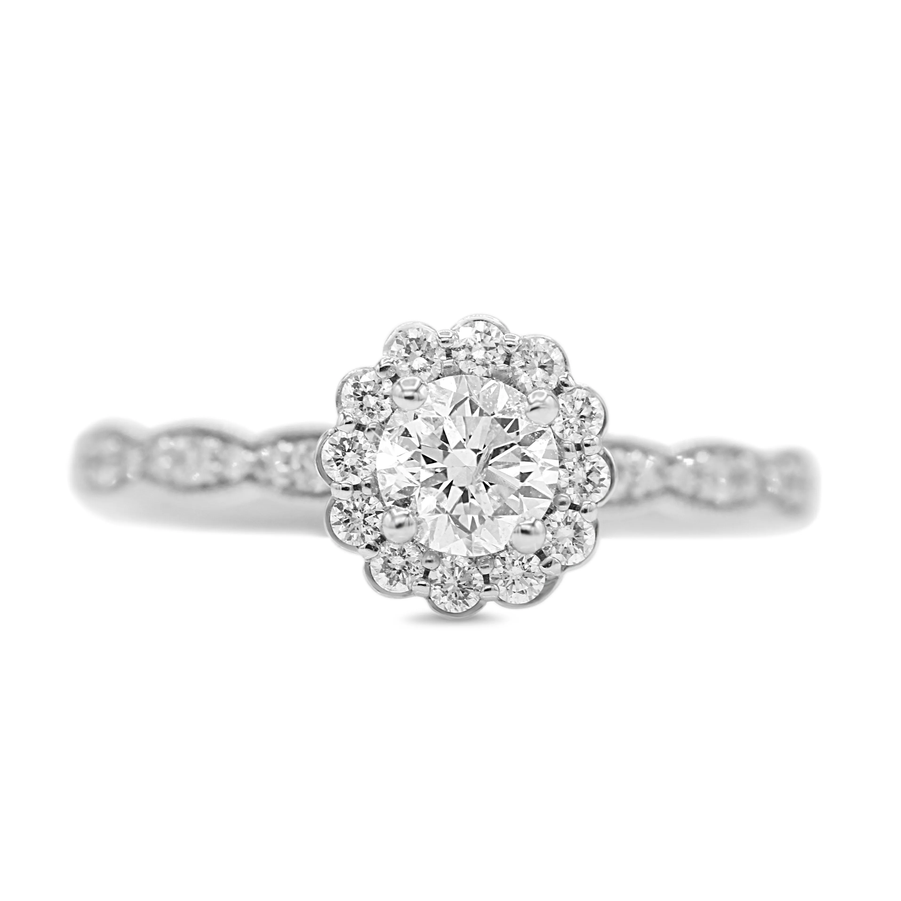 Floral Halo Diamond Ring with Scalloped Shank in 14KT White Gold ( 0.63ct tw dia )