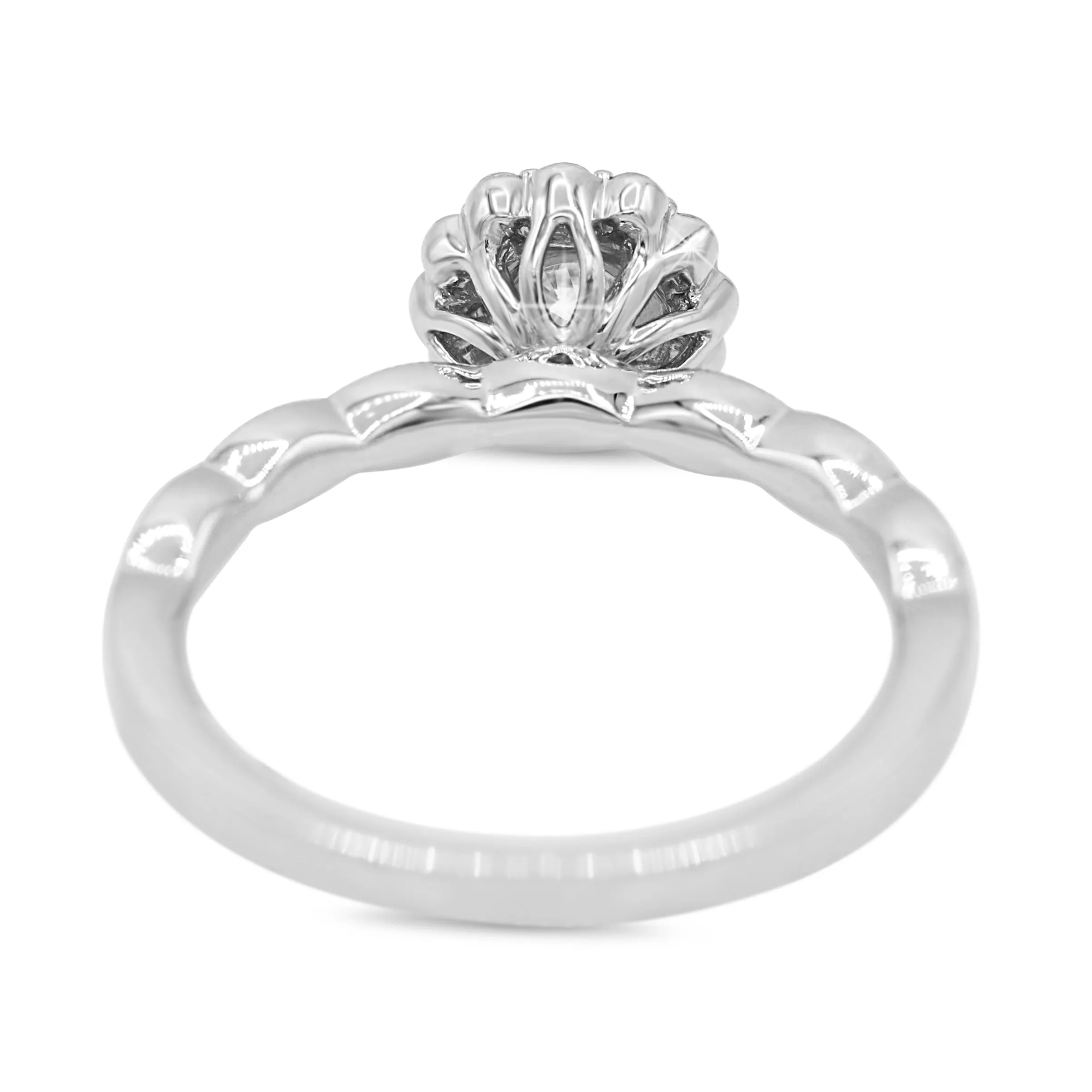 Floral Halo Diamond Ring with Scalloped Shank in 14KT White Gold ( 0.63ct tw dia )