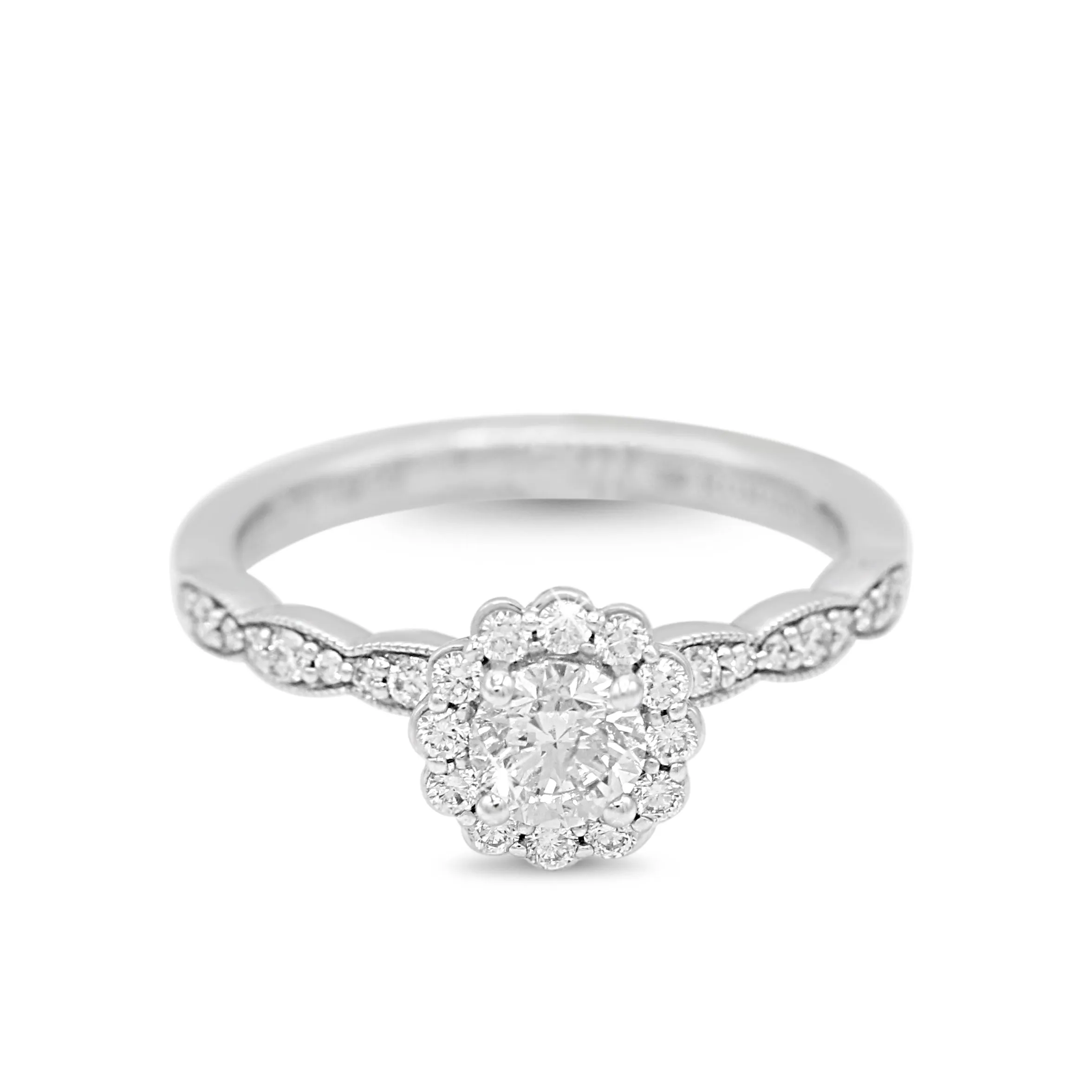 Floral Halo Diamond Ring with Scalloped Shank in 14KT White Gold ( 0.63ct tw dia )