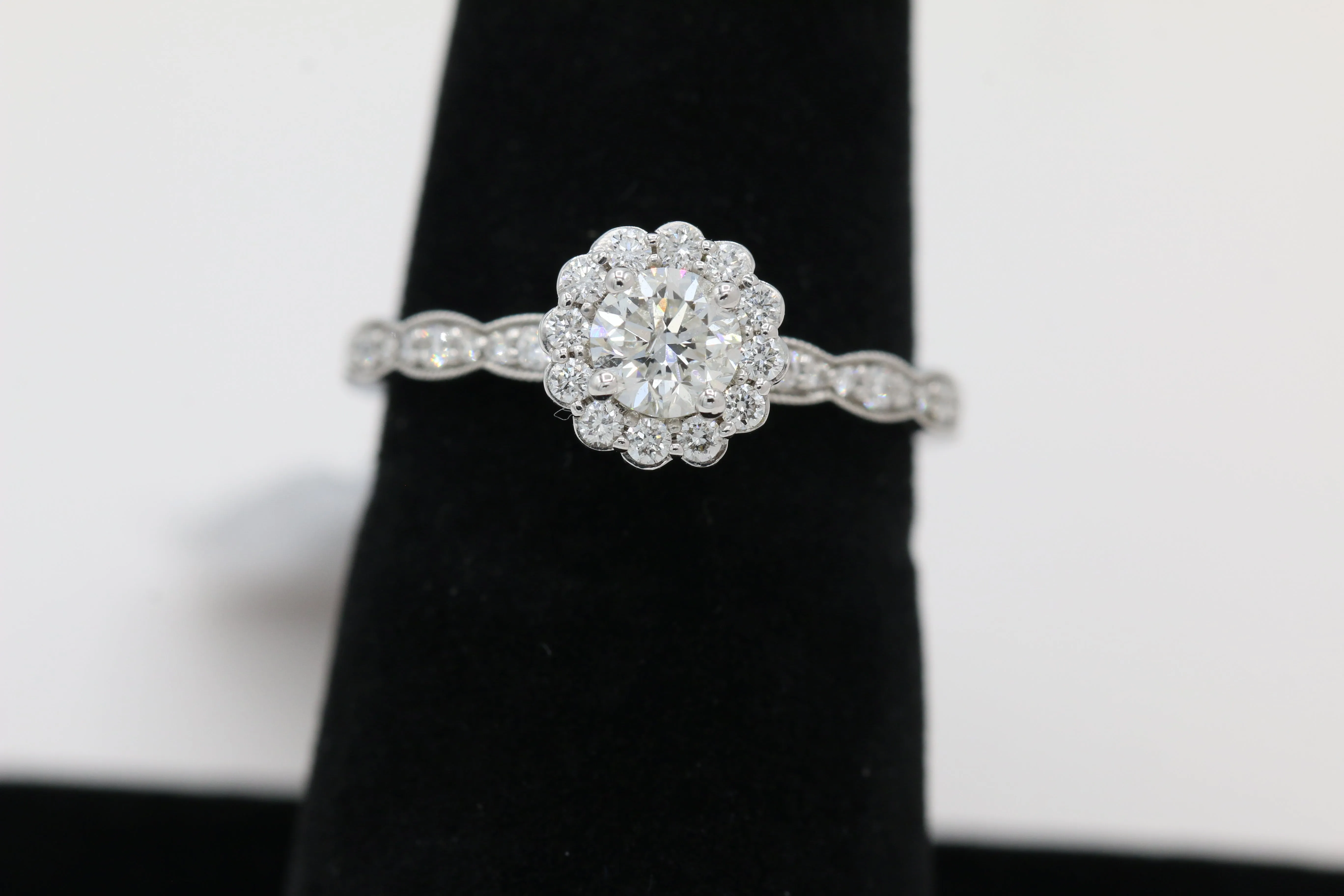 Floral Halo Diamond Ring with Scalloped Shank in 14KT White Gold ( 0.63ct tw dia )