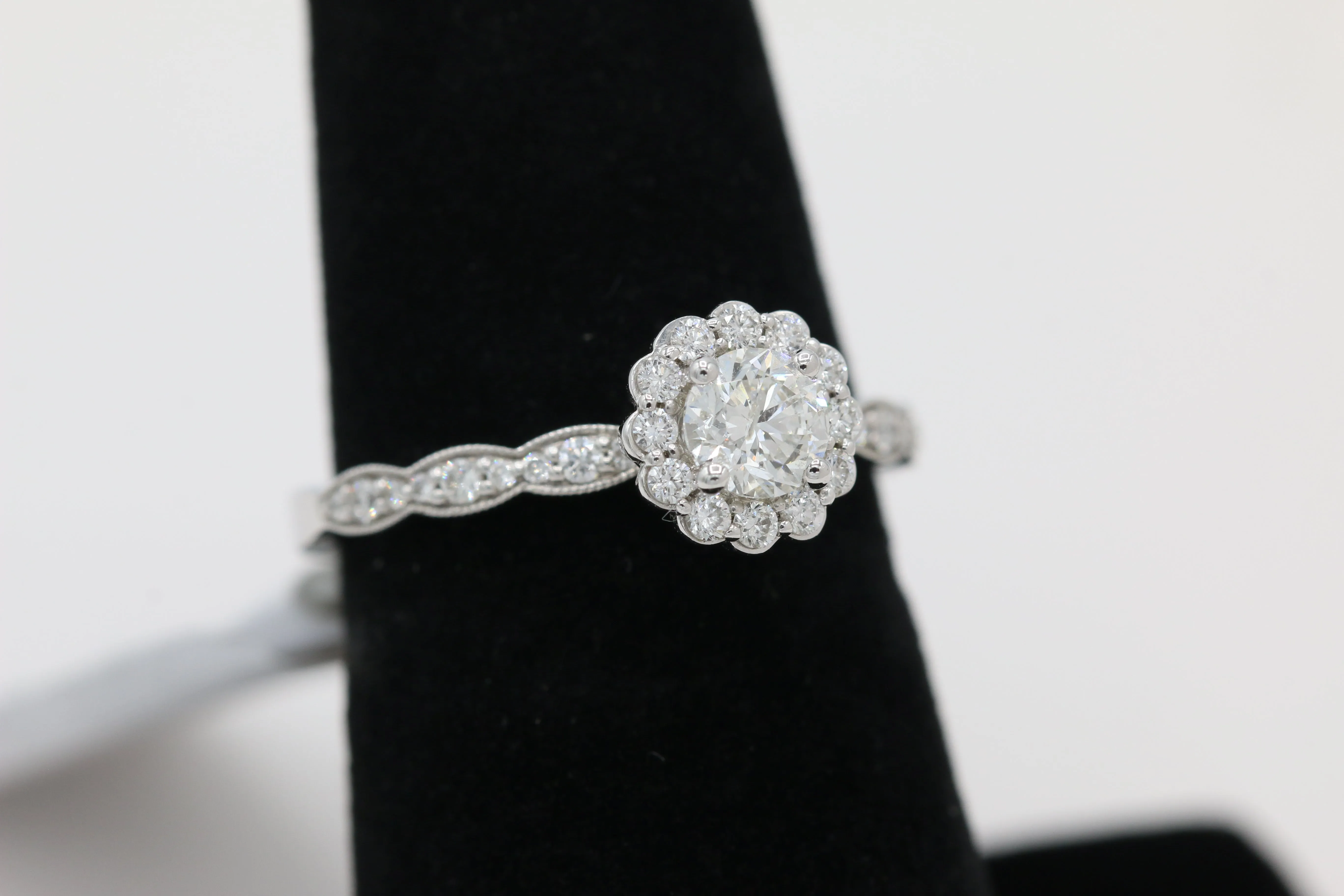 Floral Halo Diamond Ring with Scalloped Shank in 14KT White Gold ( 0.63ct tw dia )