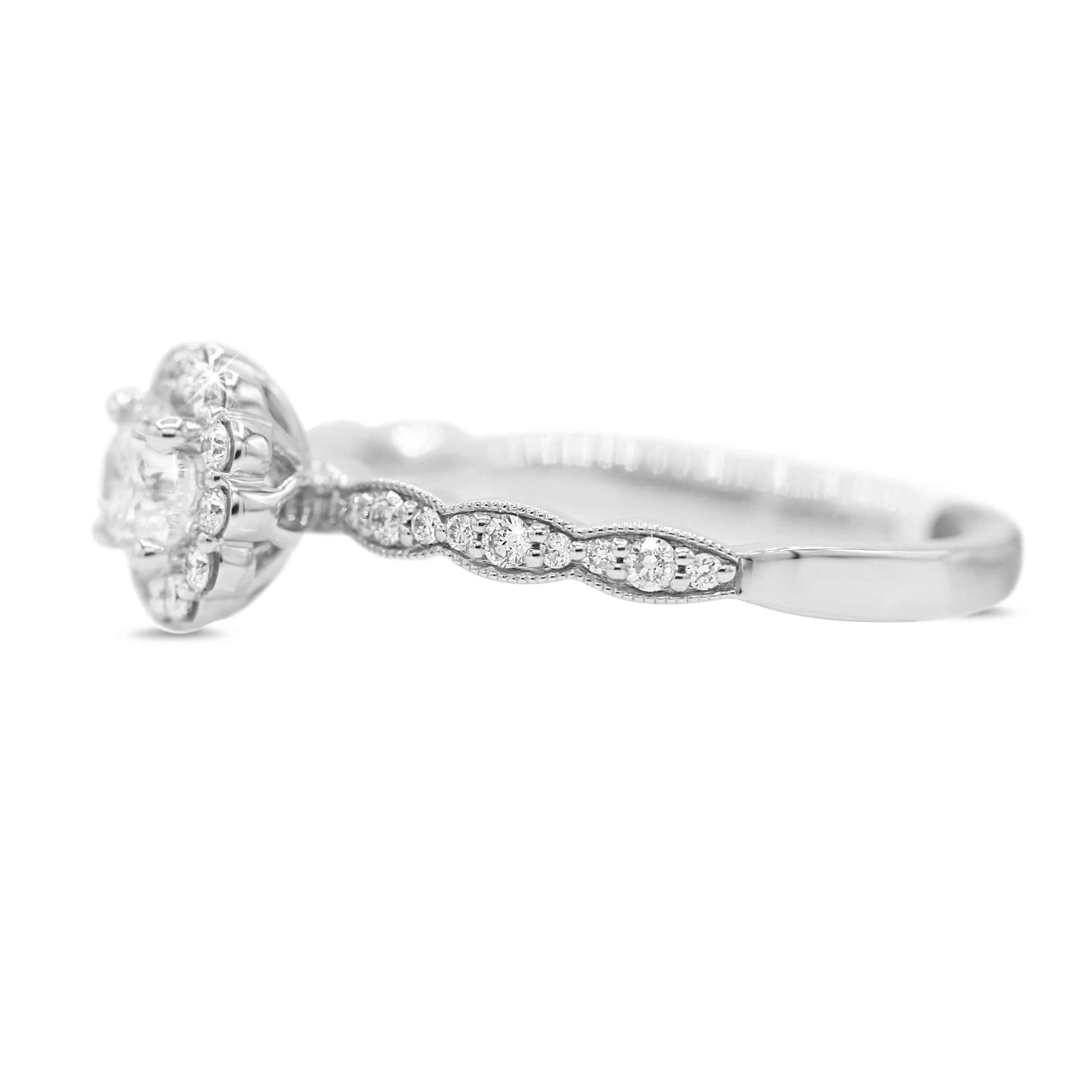 Floral Halo Diamond Ring with Scalloped Shank in 14KT White Gold ( 0.63ct tw dia )