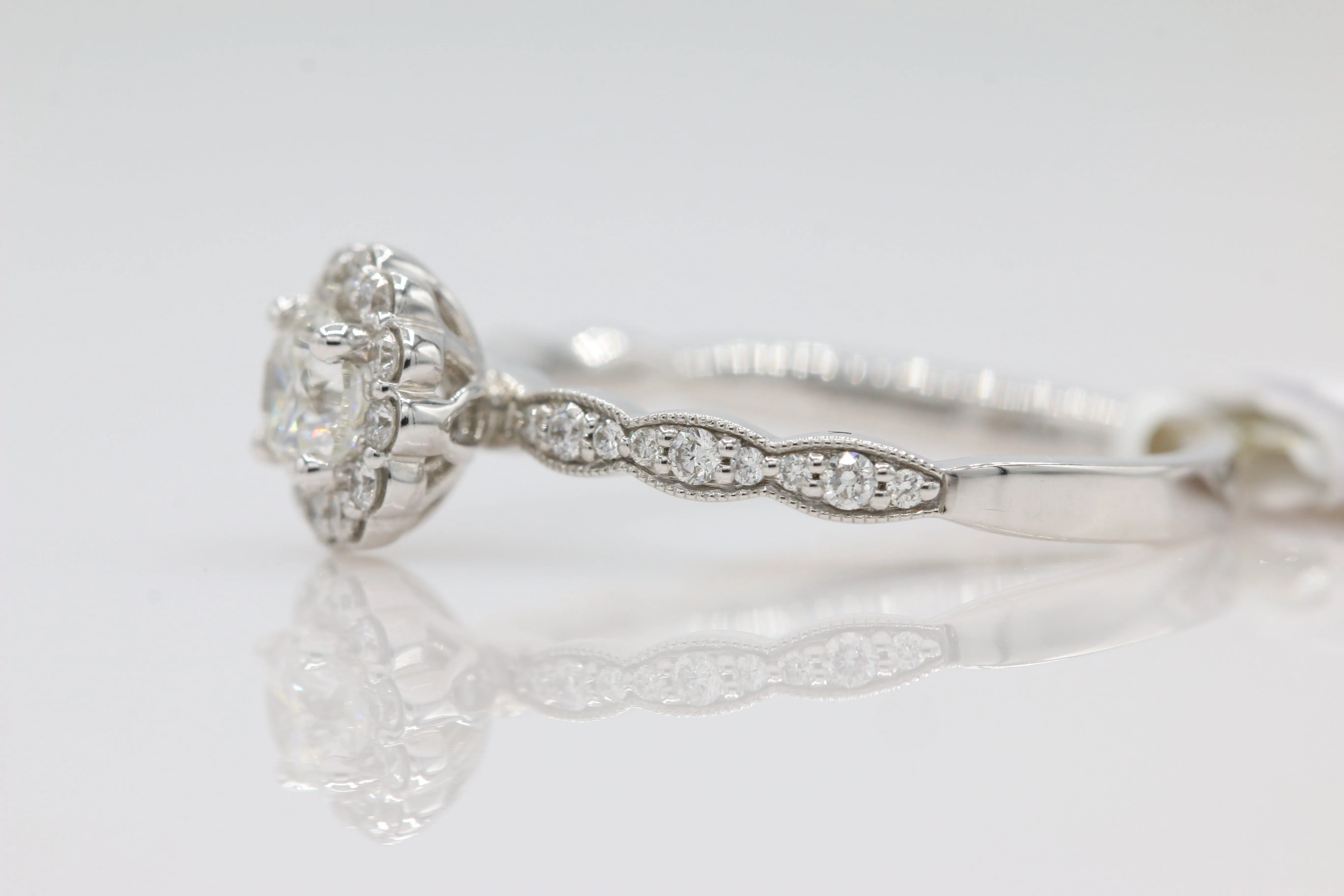 Floral Halo Diamond Ring with Scalloped Shank in 14KT White Gold ( 0.63ct tw dia )