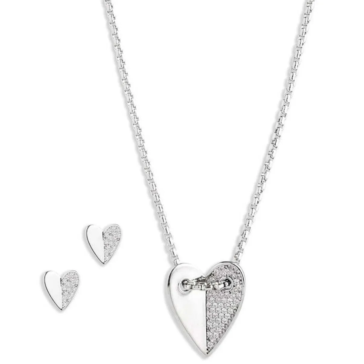 Harley-Davidson Women's Half Pave Crystal Heart Necklace & Earring Set, Silver S00020